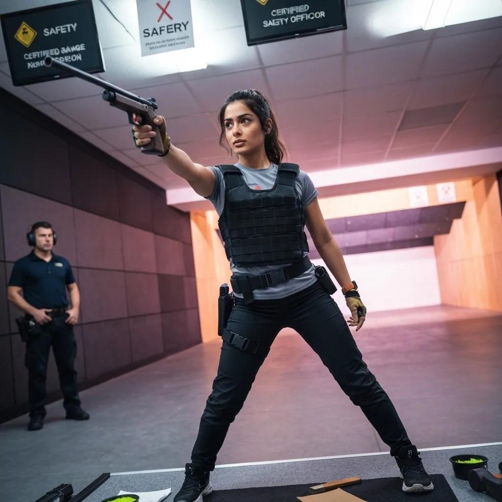 Indoor gun range with a shooter in action and a Range Safety Officer ensuring safety